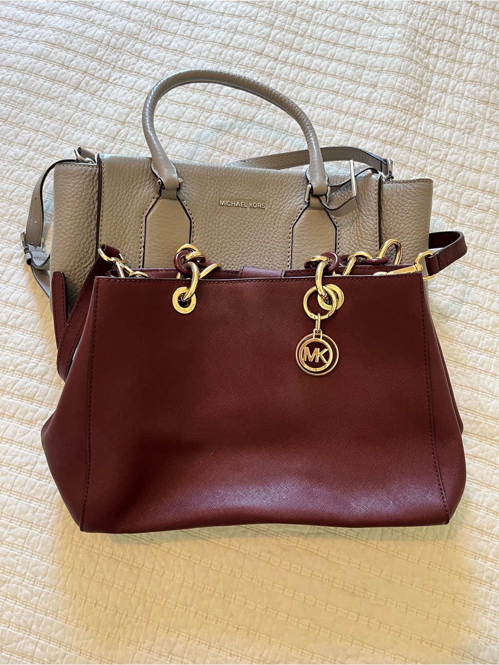 Michael Kors Burgundy and Taupe Leather Tote Duo with Gold Hardware